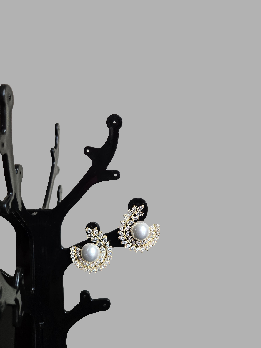 Pearl and Crystal Leaf Stud Earrings