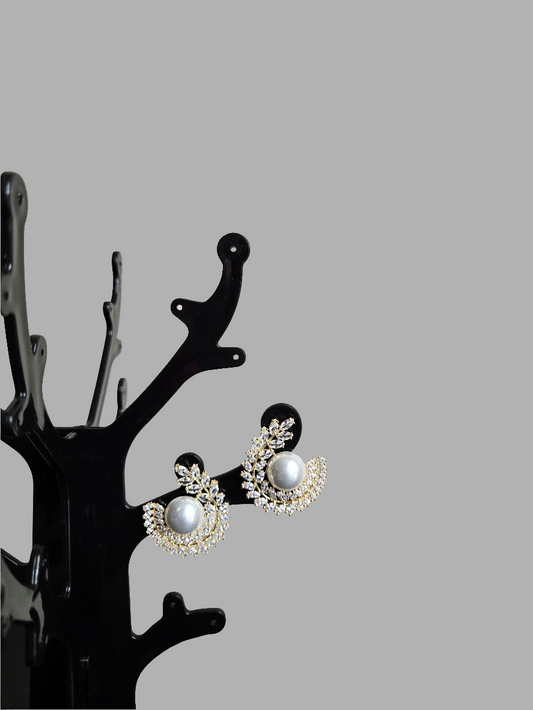 Pearl and Crystal Leaf Stud Earrings