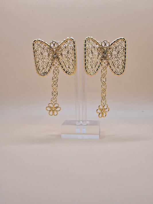 Gold Bow Filigree Drop Earrings – Delicate Chain & Floral Charm