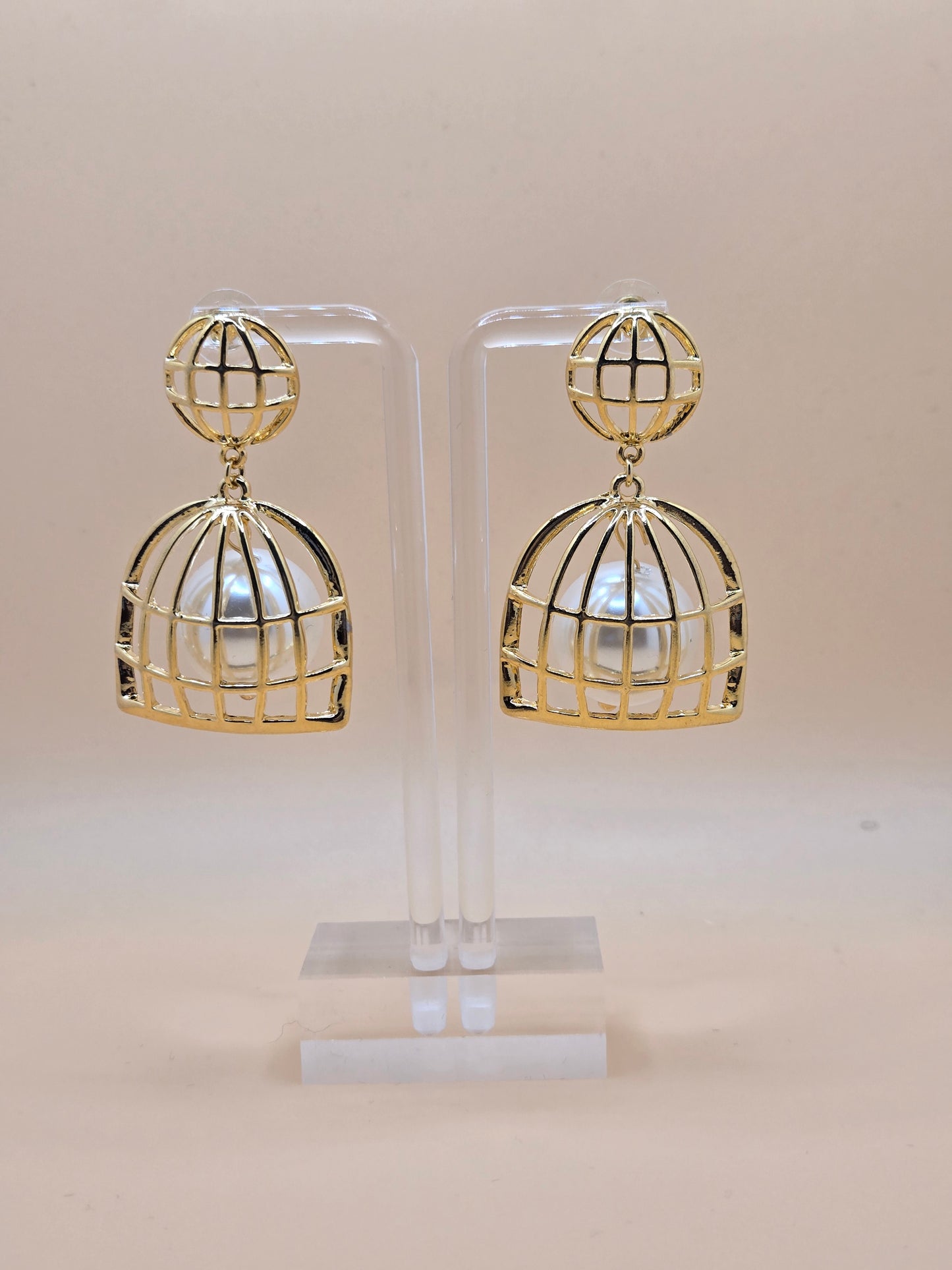 Gold Cage Pearl Drop Earrings