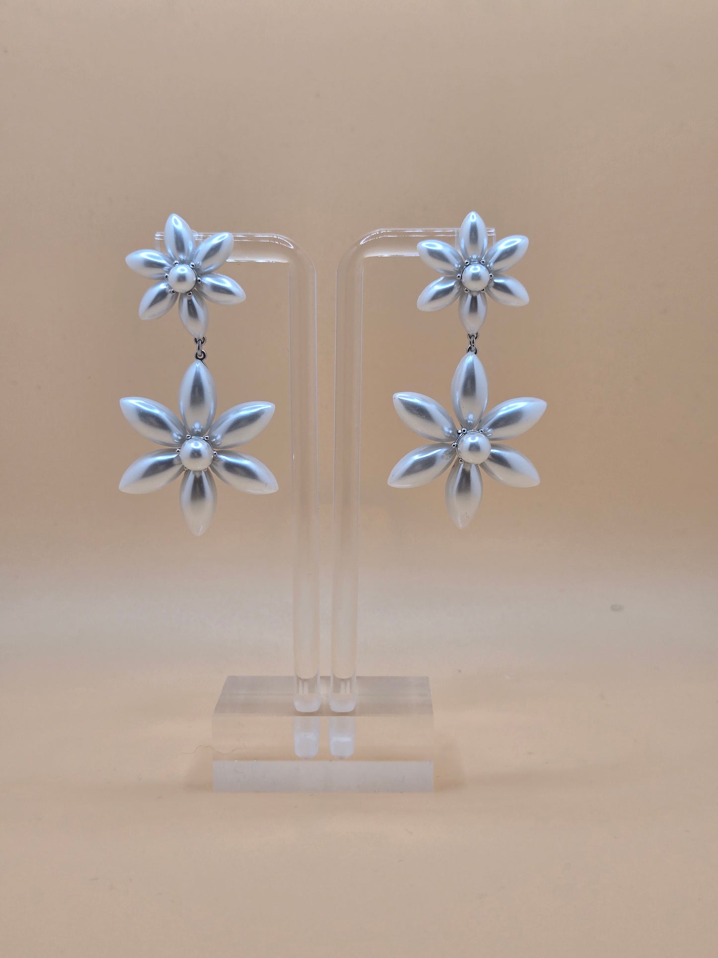 Elegant Silver Double Flower Drop Earrings