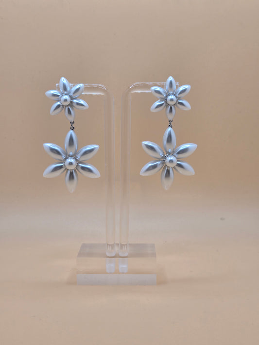 Elegant Silver Double Flower Drop Earrings