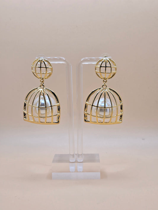Gold Cage Pearl Drop Earrings